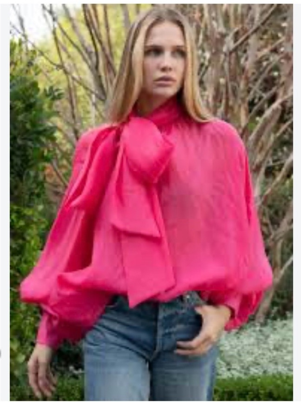 Benaar LA Pink Oversized Bow-Tie Blouse w/ puff sleeves